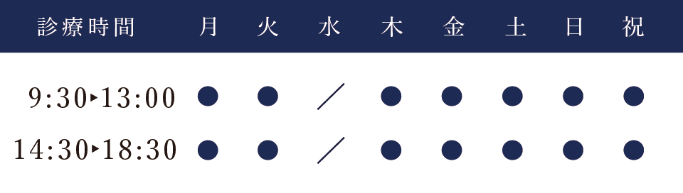 診療時間：月曜日、火曜日、木曜日、金曜日、土曜日、日曜日、祝日 9:30-13:00、14:30-18:30、水曜日休診