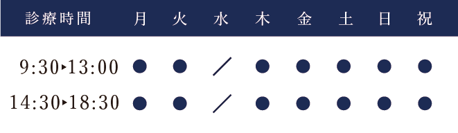 診療時間：月曜日、火曜日、木曜日、金曜日、土曜日、日曜日、祝日 9:30-13:00、14:30-18:30、水曜日休診