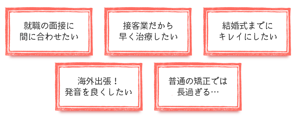 就職の面接に間に合わせたい 接客業だから早く治療したい 結婚式までにキレイにしたい 海外出張！発音を良くしたい 普通の矯正では長過ぎる…